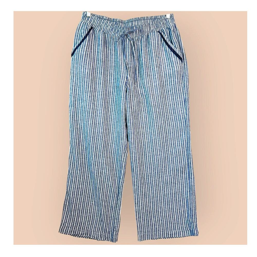 Briggs Womens XL Linen Blend Wide Leg Lounge Pants Pullon Blue White Stripes